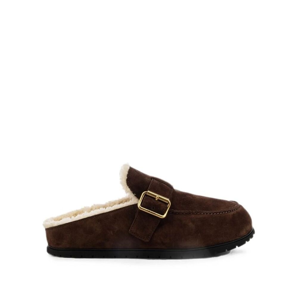 Prada Women Suede Slippers With Buckle And Sheepskin Lining